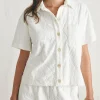 Cabana Towel Terry Short Sleeve Button Up - Tropic Fern Vintage White