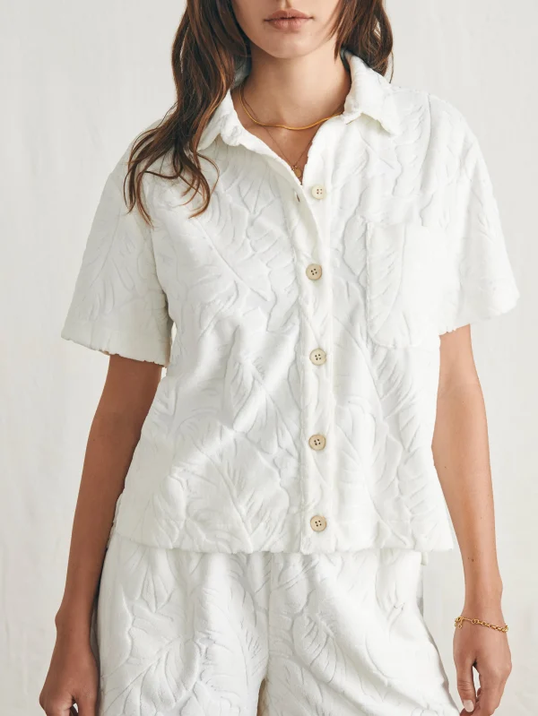 Cabana Towel Terry Short Sleeve Button Up - Tropic Fern Vintage White