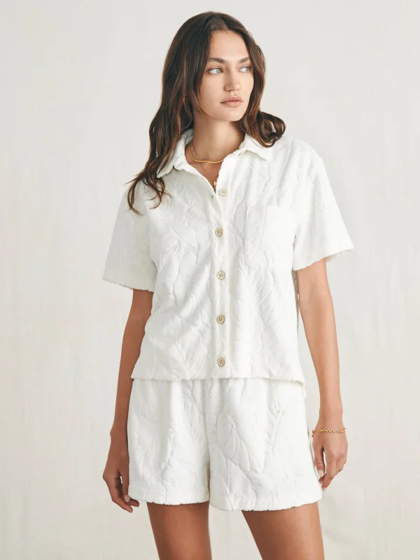 Cabana Towel Terry Short Sleeve Button Up - Tropic Fern Vintage White