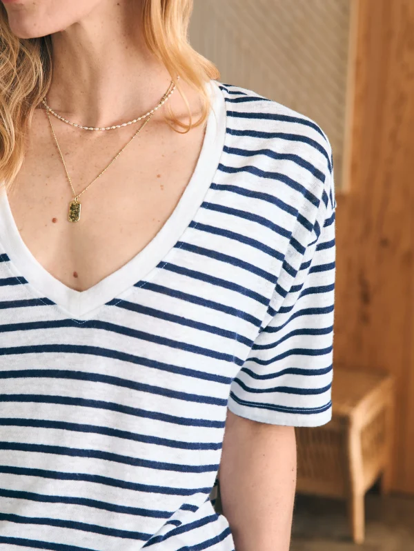 Oceanside Linen V-Neck Tee - Ahoy Stripe