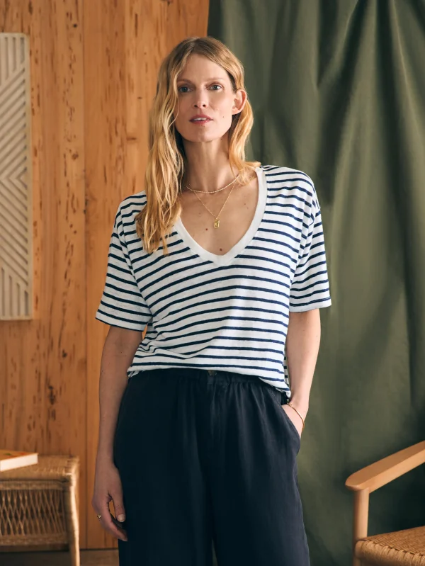 Oceanside Linen V-Neck Tee - Ahoy Stripe