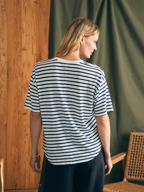 Oceanside Linen V-Neck Tee - Ahoy Stripe