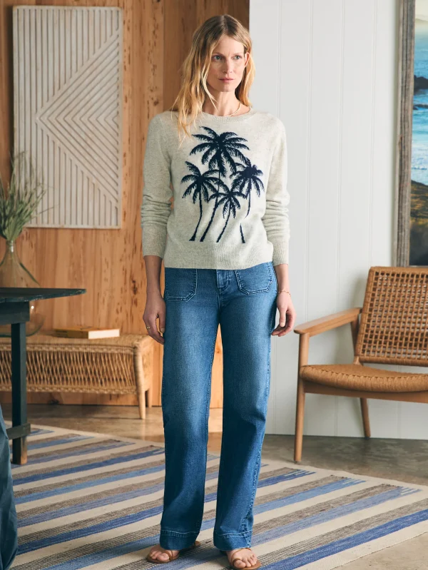 Palm Coast Cashmere Crew - Navy Palm Horizon