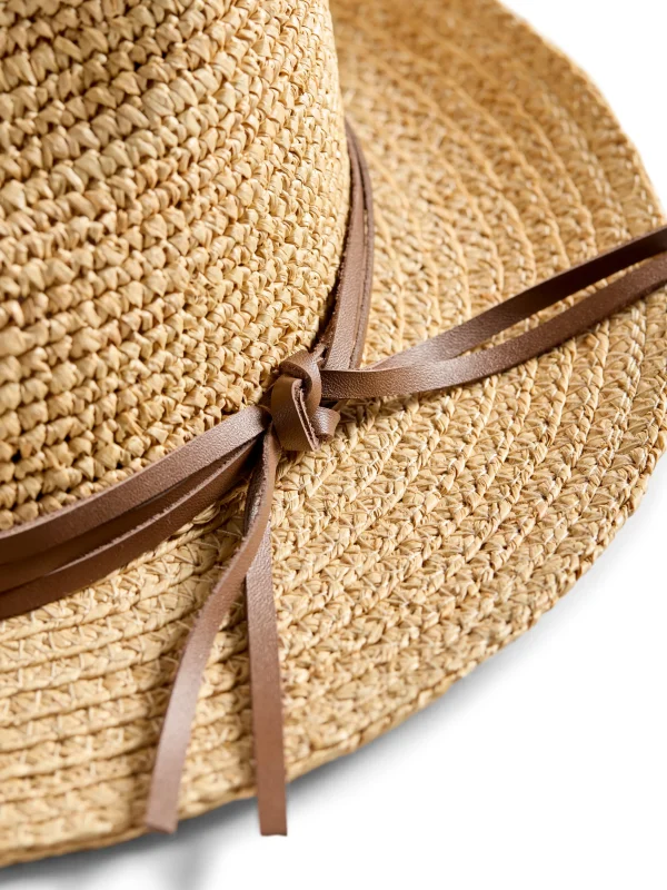 Raffia Trim Crochet Fedora - Natural