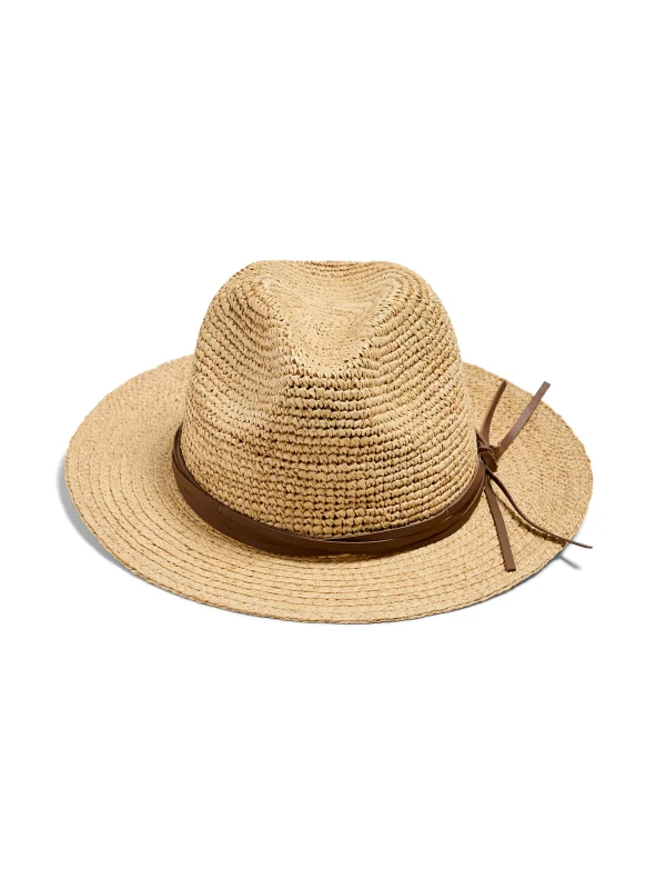 Raffia Trim Crochet Fedora - Natural