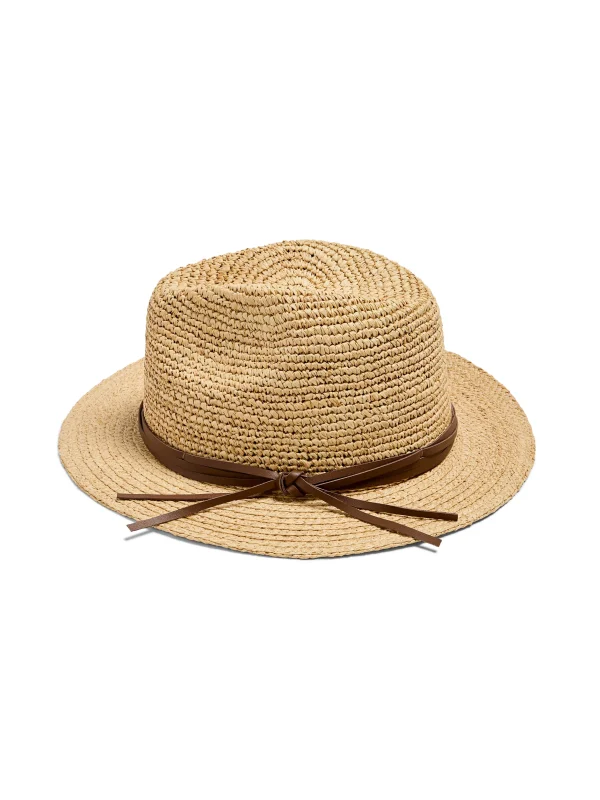 Raffia Trim Crochet Fedora - Natural