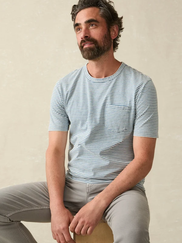 Short-Sleeve Indigo Pocket Tee - Azure Stream Stripe