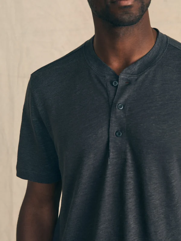 Short-Sleeve Linen Henley - Black Iron