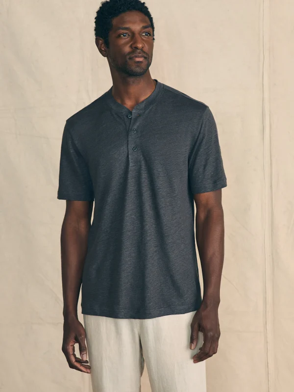 Short-Sleeve Linen Henley - Black Iron