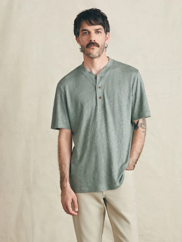 Short-Sleeve Linen Henley - Desert Olive