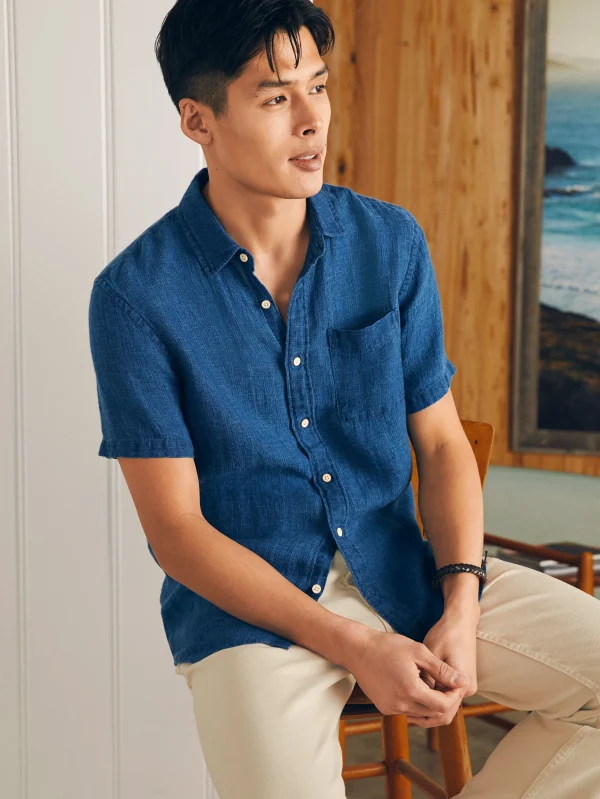 Short-Sleeve Palma Linen Shirt - Indigo Basketweave