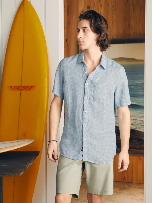 Short-Sleeve Palma Linen Shirt - Blue Basketweave