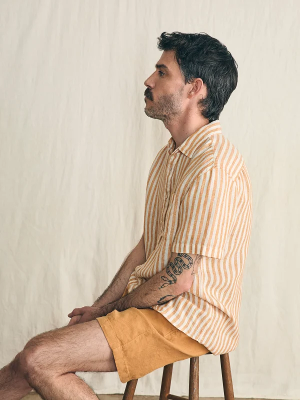 Short-Sleeve Palma Linen Shirt - Gold Ivory Stripe