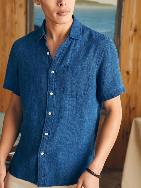 Short-Sleeve Palma Linen Shirt - Indigo Basketweave