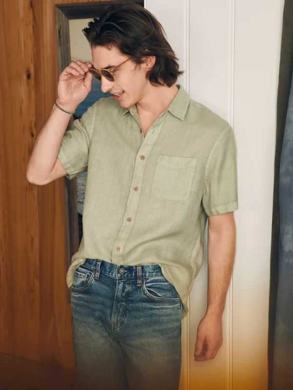 Short-Sleeve Palma Linen Shirt - Canyon Olive Basketweave