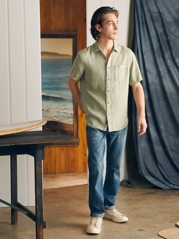 Short-Sleeve Palma Linen Shirt - Canyon Olive Basketweave