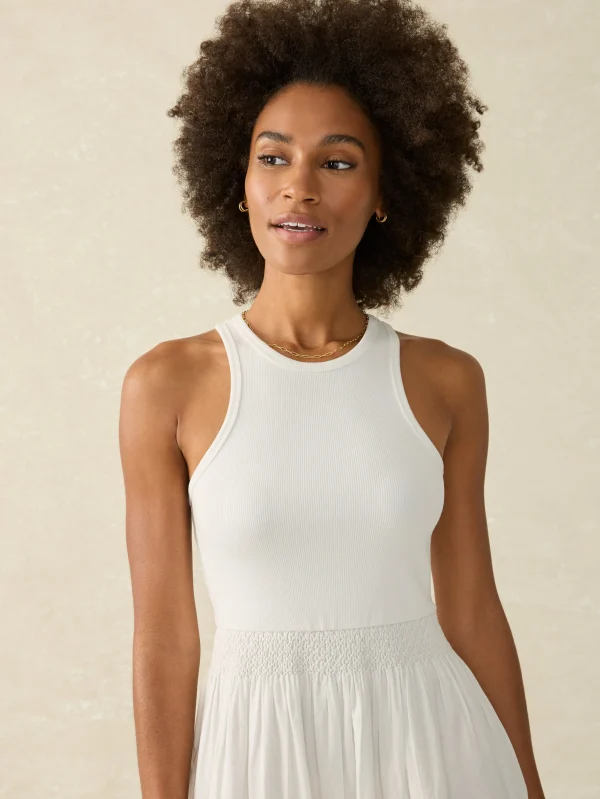 Tropical Cotton Ribbed Tank Dress - Bright White